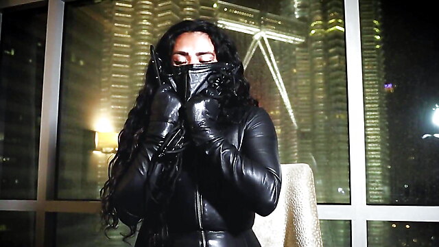 German domina handjob, leather fetish domme, leather glove asian, mistress handjob panties, catsuit panty