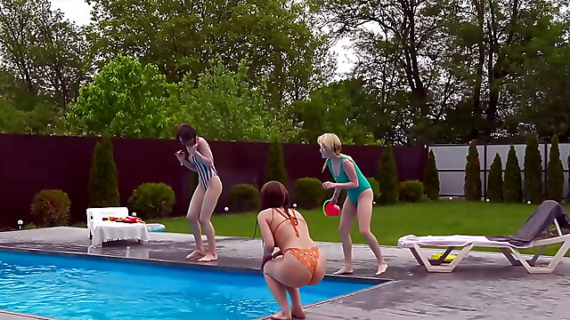 Lesbian outdoor swim, lesbian 18years, girl suit, pool lick pussy, threesome swimming